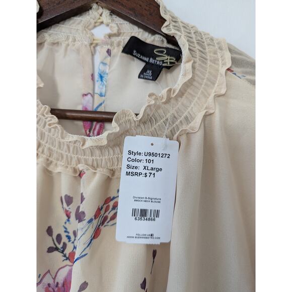 Suzanne Betro Ivory Floral Sheer Smock Neck Blouse Womens Size XL Lightweight - Picture 5 of 8